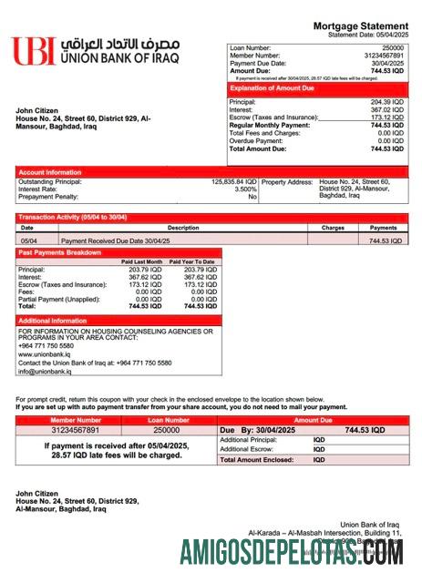 realista Modelo Word e PDF de declaração de hipoteca do Banco da União do Iraque do Iraque